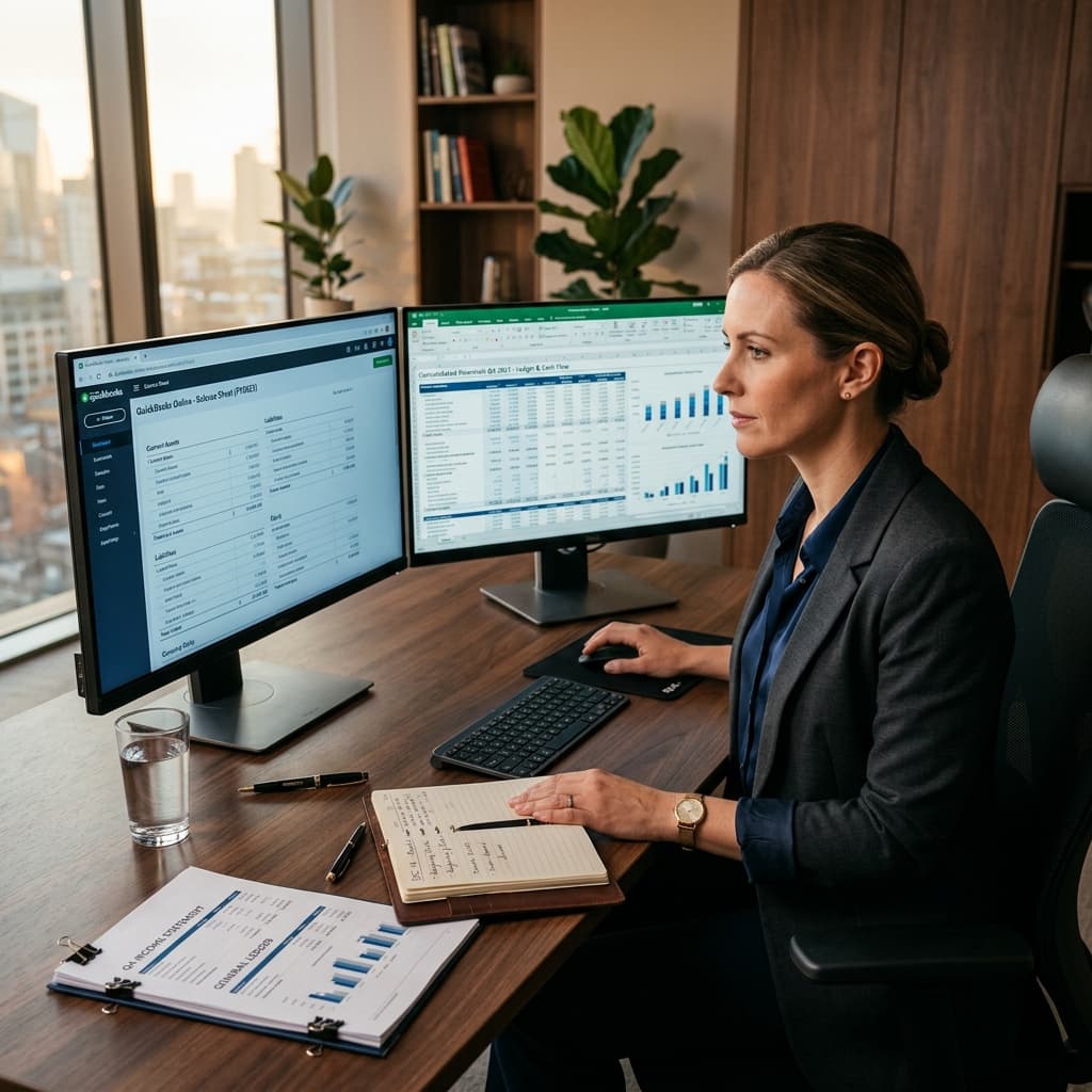 Accountant working with financial ledgers and modern accounting software on dual monitors