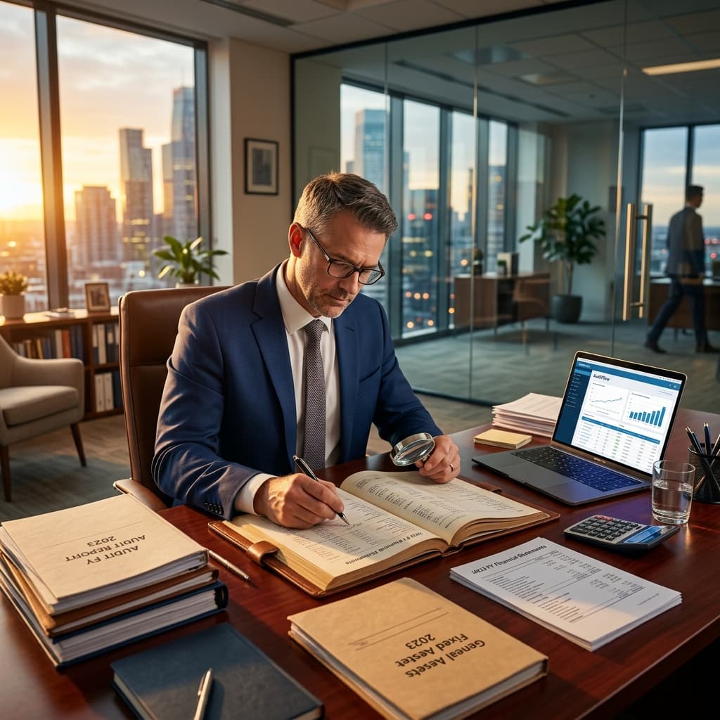 Professional auditor reviewing financial ledgers in a modern glass office with cinematic golden hour lighting