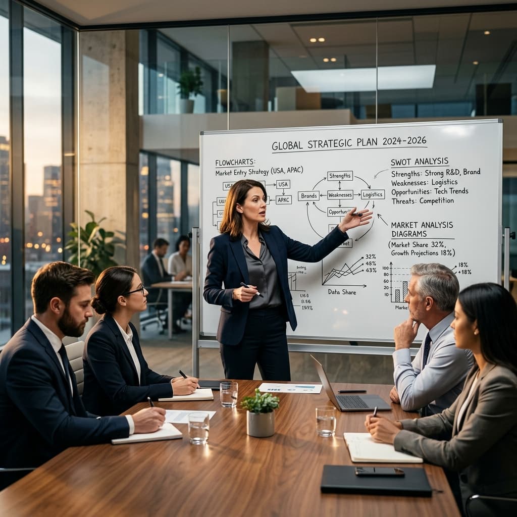 Executive consultant presenting strategic business plan on whiteboard to a professional team