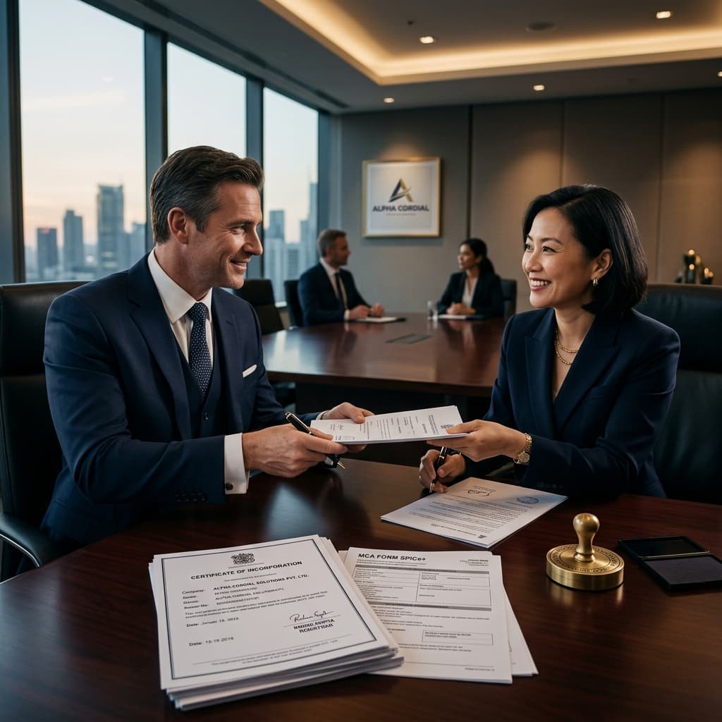 Professionals exchanging company registration documents in a premium corporate boardroom