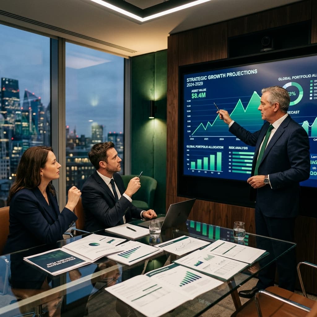 Senior financial consultant presenting growth projections and portfolio analytics on a large screen