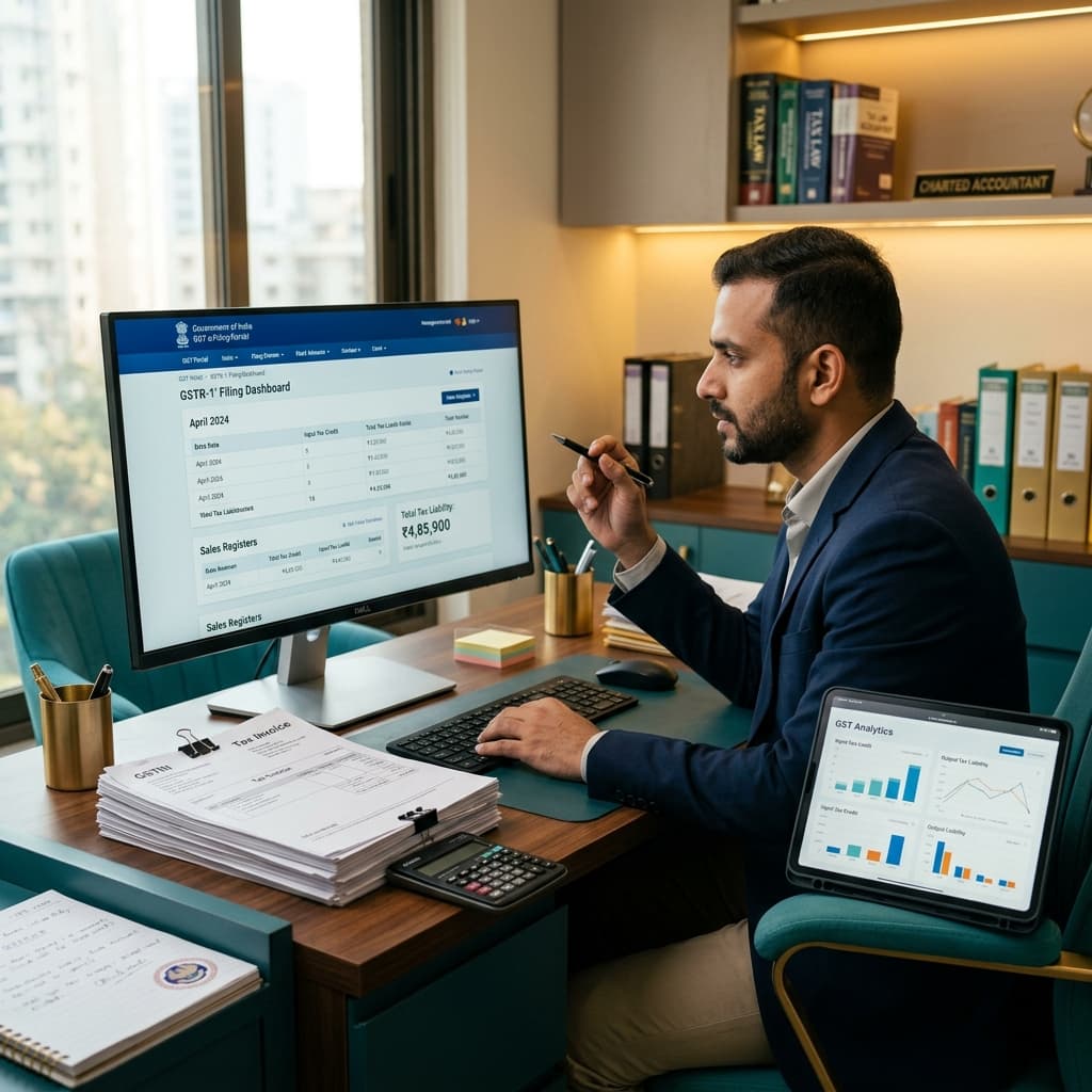 Chartered accountant working on GST filing dashboard with analytics tablet in a modern office