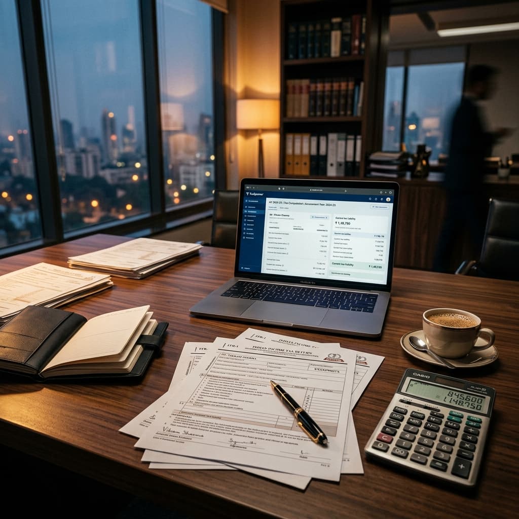 Elegant executive desk with income tax return forms and computation software in moody cinematic lighting