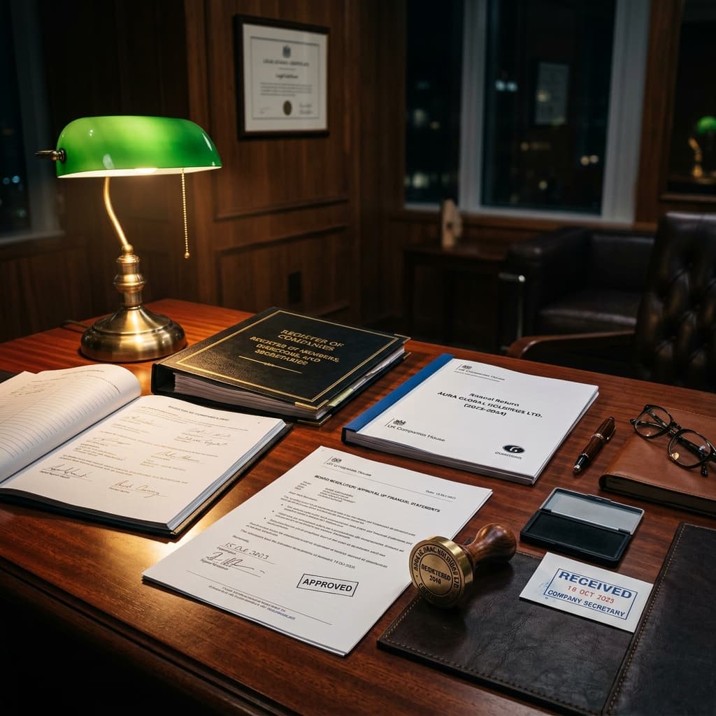 Statutory compliance documents with corporate seal and official stamps on a premium mahogany desk